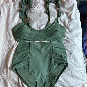 Aerie Hi-Rise Scoop Green Ruffled Bikini Set